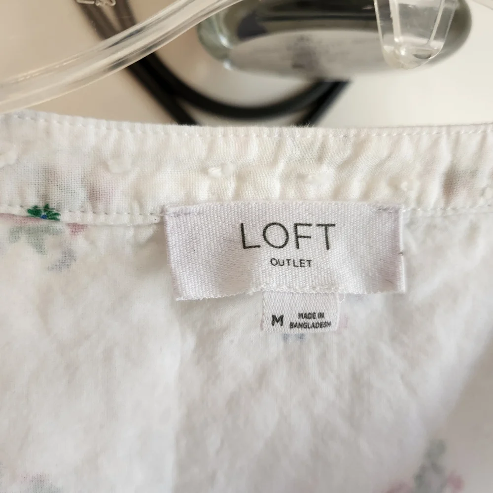 LOFT Womens Size Medium White Blouse with Floral Embroidery And Split Vee Neck